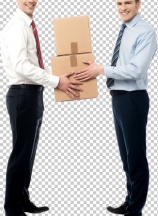 Smiling young men receive cartons boxes